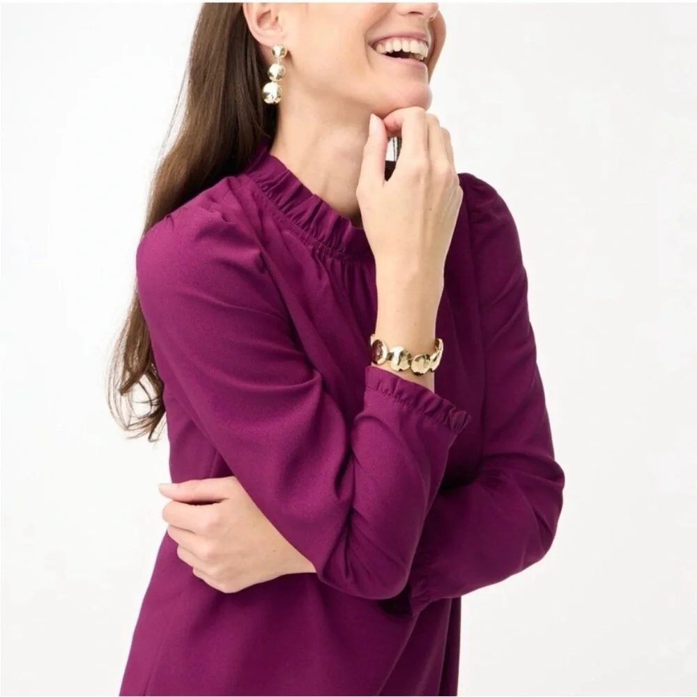 J. Crew Long Sleeve Burgundy Purple Ruffle Neck Shift Dress 4